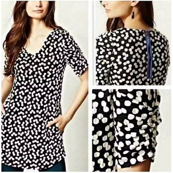 Anthropologie Deletta Black White Polka‎ Dots Tunic Dress Pockets Back Zip Small - Picture 1 of 7